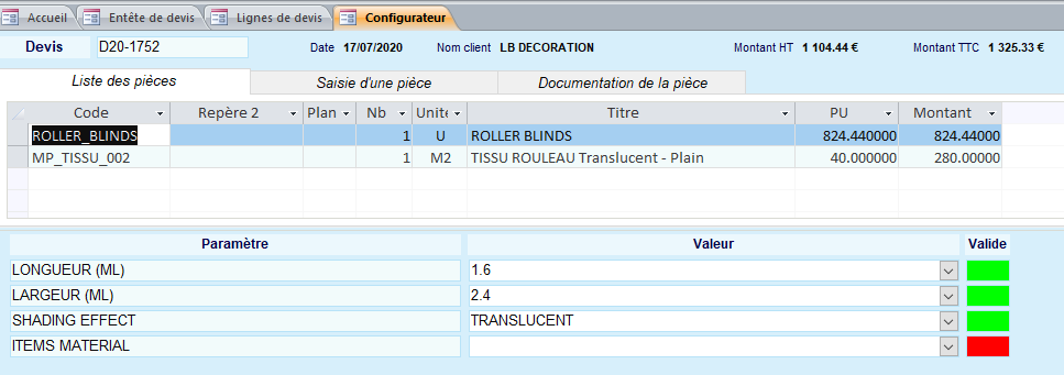 Configurateur de produit dans le logiciel ERP HERAKLES