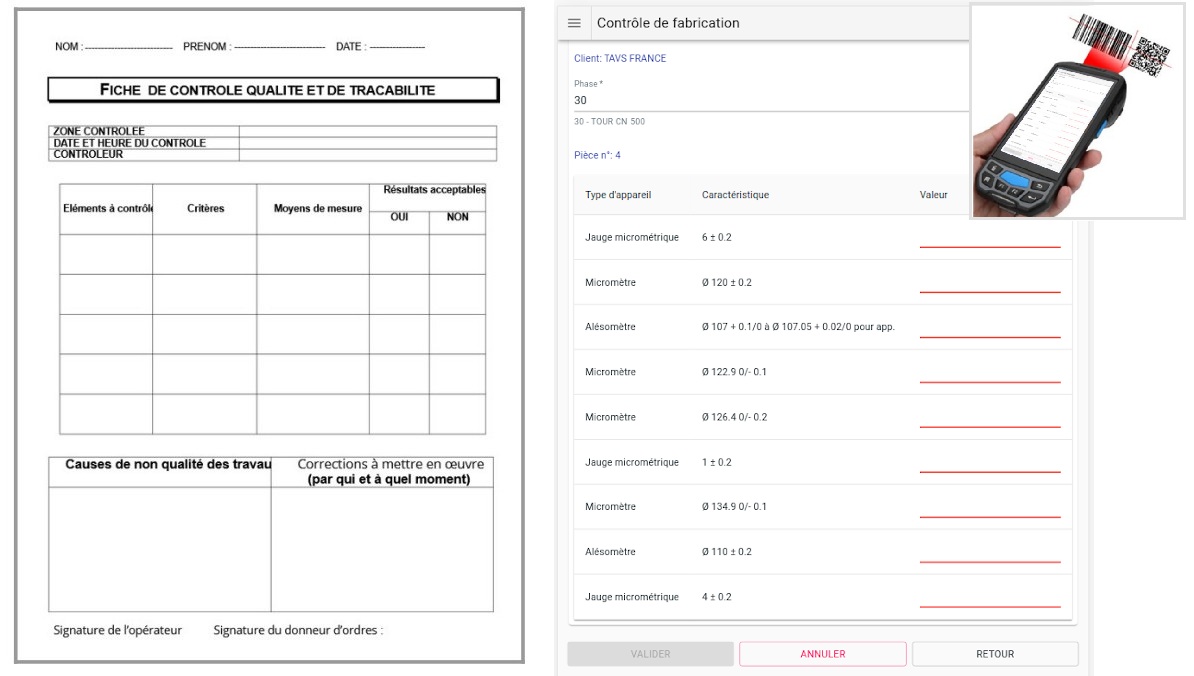 Saisie sur appareil mobile d'une fiche de contrôle de qualité Saisie sur appareil mobile d'une fiche de contrôle de qualité