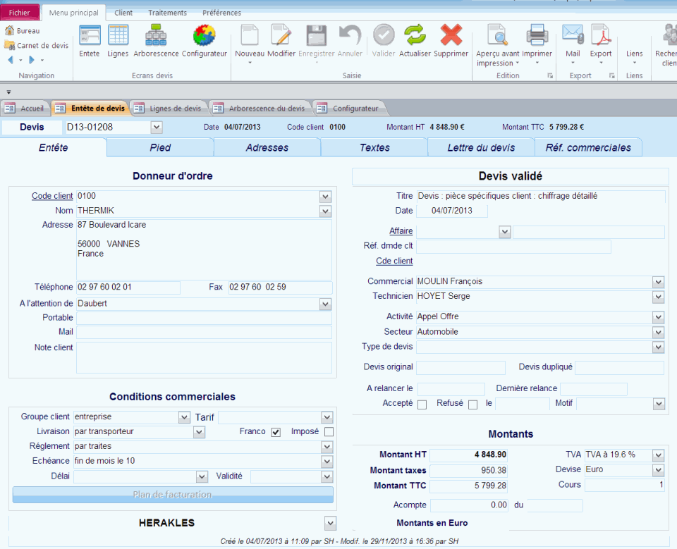 En-tête de devis dans le logiciel ERP HERAKLES