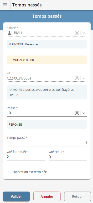 Scénario de saisie de temps passé sur appareil mobile Scénario de saisie de temps passé sur appareil mobile