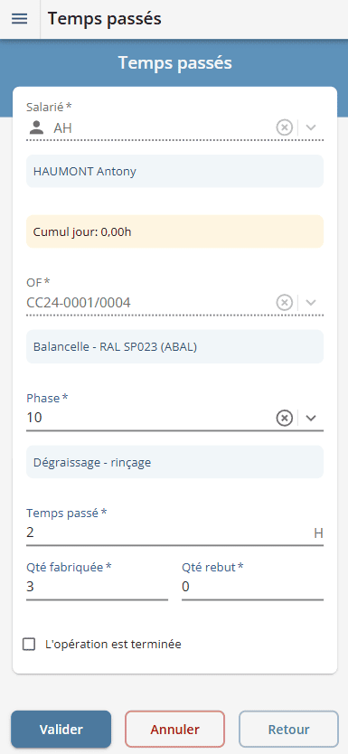 Scénario de saisie de temps passé par code barre sur appareil mobile Scénario de saisie code barre sur terminal mobile