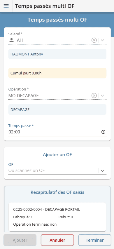 Scénario de saisie PDA, saisie code barre sur regroupement d'OF Scénario de saisie PDA, saisie code barre sur regroupement d'OF