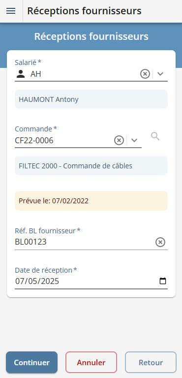 Saisie de réception fournisseur depuis l'entrepôt Saisie de réception fournisseur depuis l'entrepôt