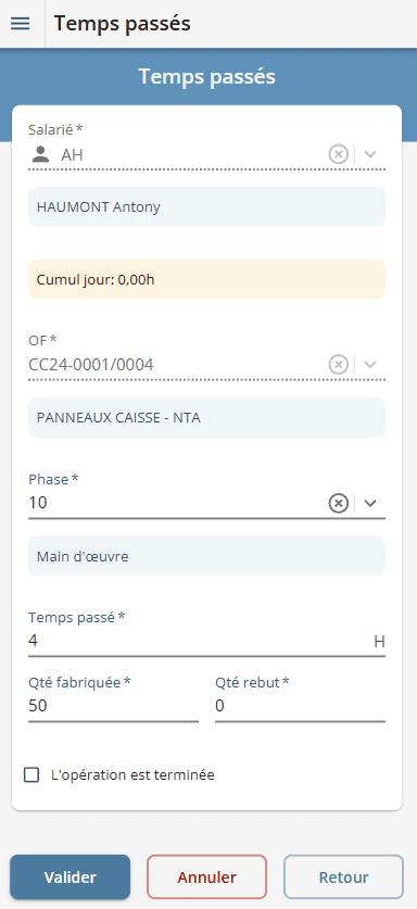 Scénario de saisie de temps dans l'atelier Scénario